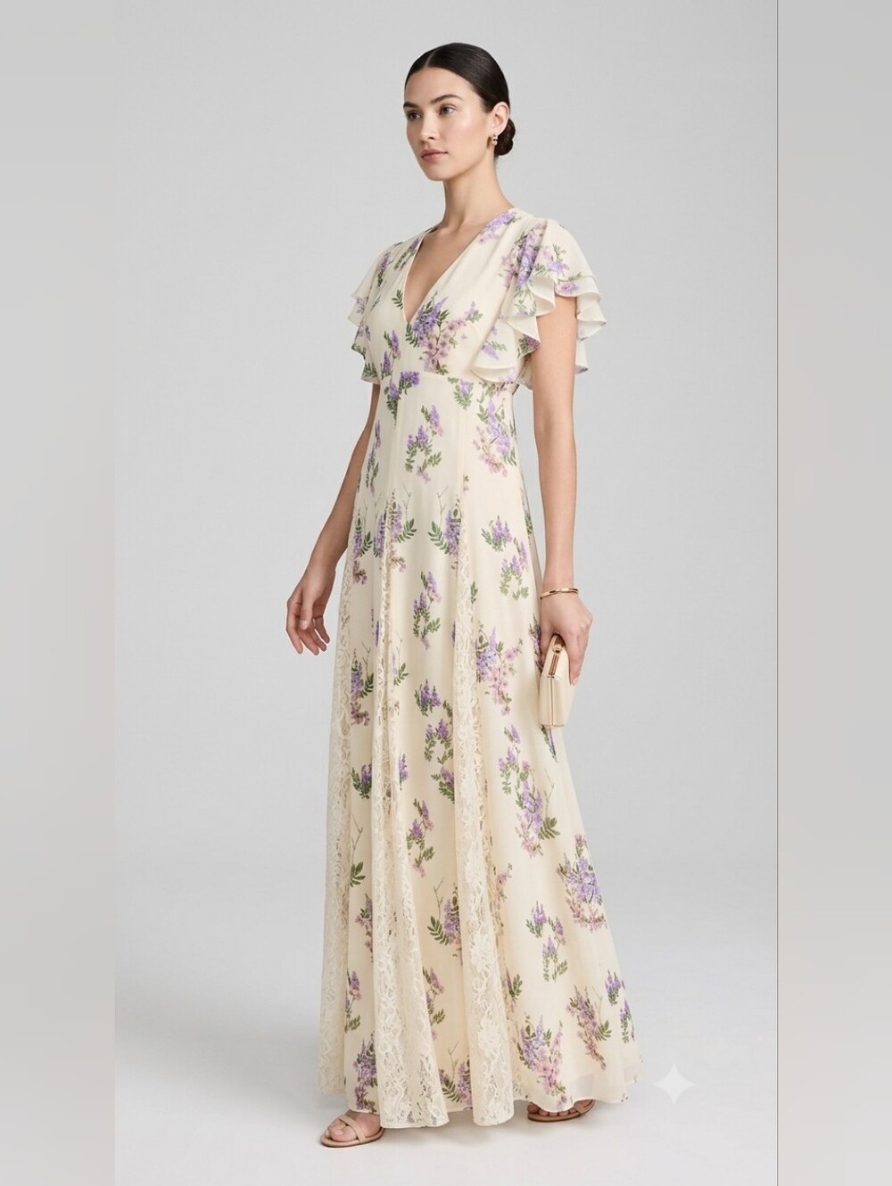 ASOS Maxi Floral Print Dress In Cream And Lavender  Size 4 Small